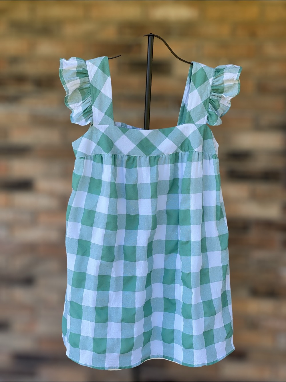 Entro Large Green White Gingham Ruffle Strap Mini Dress Babydoll